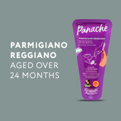 A picture of Panache's Parmigiano Reggiano with text reading "Parmigiano Reggiano aged over 24 months".