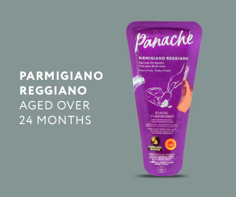 A picture of Panache's Parmigiano Reggiano with text reading "Parmigiano Reggiano aged over 24 months".