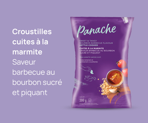 Une photo de Panache's Croustilles Cuites produit et lecture de texte "Croustilles cuites a la marmite Saveur barbecue au bourbon sucre et piquant".