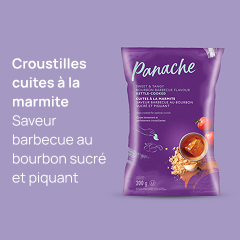 Une photo de Panache's Croustilles Cuites produit et lecture de texte "Croustilles cuites a la marmite Saveur barbecue au bourbon sucre et piquant".