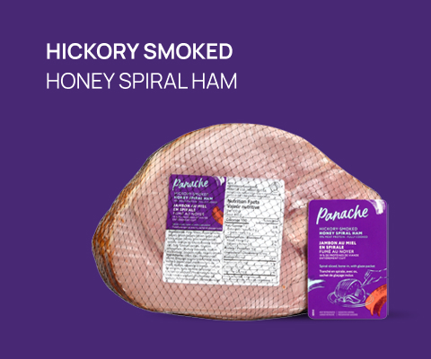 An image of Panache's product Text reading " Hickory Smoked Honey Spiral Ham".