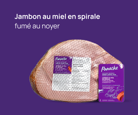 Une photo du produit Jambon au miel en spirale de Panache et la lecture du texte "Jambon à miel en Spirale fume au noyer".