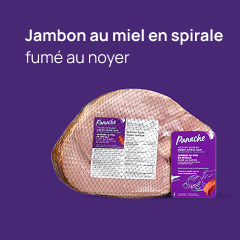 Une photo du produit Jambon au miel en spirale de Panache et la lecture du texte "Jambon à miel en Spirale fume au noyer".