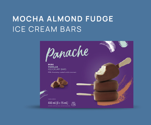 An image of Panache's product ice cream bars and text reading "Mocha Almond Fudge Ice Cream Bars".