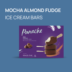 An image of Panache's product ice cream bars and text reading "Mocha Almond Fudge Ice Cream Bars".