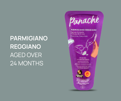 A picture of Panache's Parmigiano Reggiano with text reading "Parmigiano Reggiano aged over 24 months".