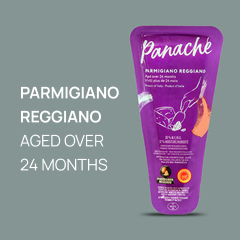 A picture of Panache's Parmigiano Reggiano with text reading "Parmigiano Reggiano aged over 24 months".