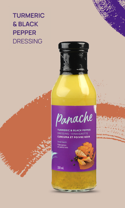 A photo of a bottle of Panache's Turmeric and black pepper product and text reading "Turmeric and black pepper dressing".