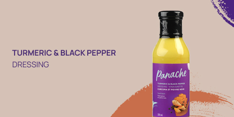 A photo of a bottle of Panache's Turmeric and black pepper product and text reading "Turmeric and black pepper dressing".