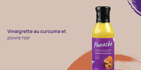 Une photo de Panache's Vinaigrette au curcuma et produit et lecture de texte "Vinaigrette à la curcume et poivre noir".